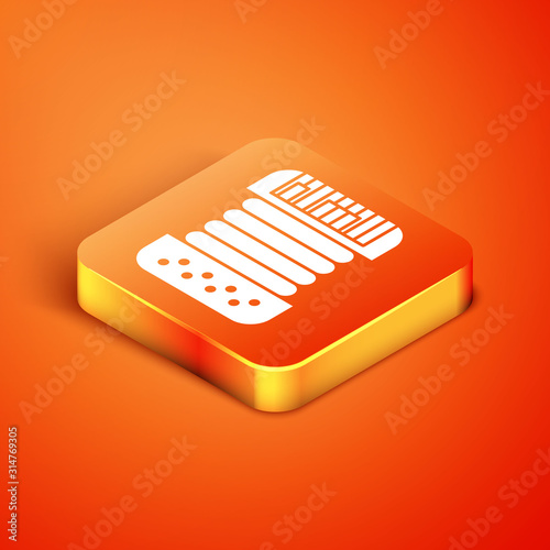 Isometric Musical instrument accordion icon isolated on orange background. Classical bayan, harmonic.  Vector Illustration