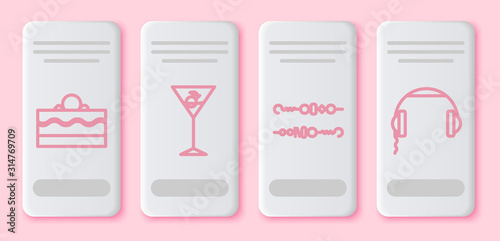 Set line Cake , Martini glass , Grilled shish kebab and Headphones . White rectangle button. Vector