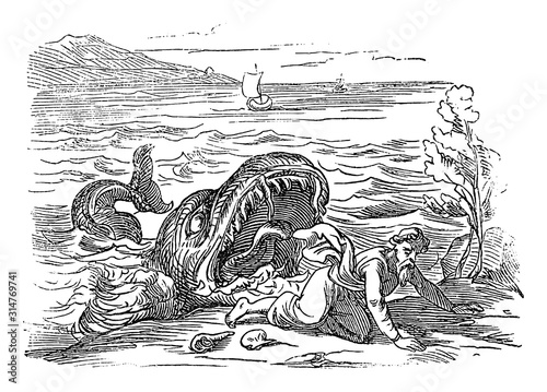 Vintage drawing or engraving of biblical story of prophet Jonah and the big fish. Old man vomited by water monster. Bible, Old Testament, Jonah 2. Biblische Geschichte , Germany 1859.