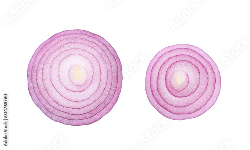 Sliced red onion rings  isolated on white background top view.
