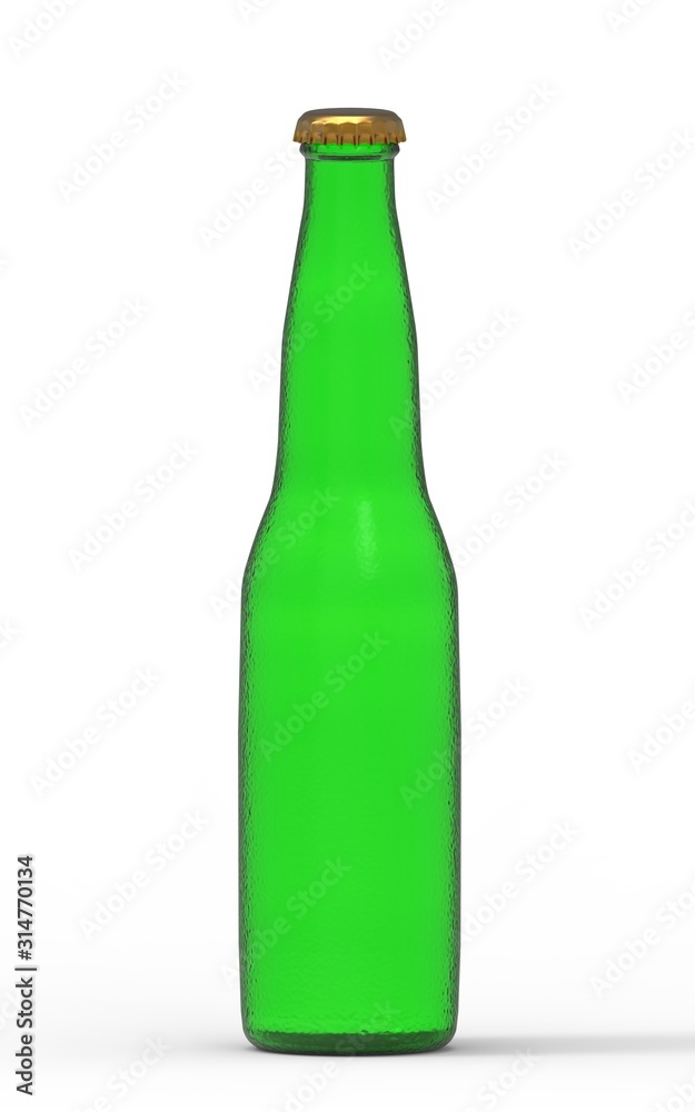 3d rendering, 3d illustration. Green beer bottle with a cap on a white background. 3d rendering, 3d illustration. Green beer bottle with a cap on a white background.