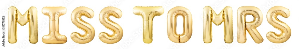 Φωτογραφία Words Miss to Mrs made of golden inflatable balloon letters isolated on white background