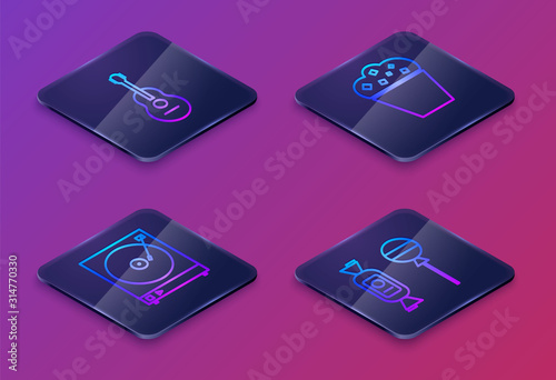 Set Isometric line Guitar , Vinyl player with a vinyl disk , Popcorn in cardboard box and Lollipop . Blue square button. Vector
