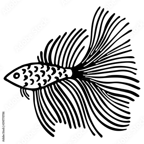Cute marine fish isolated on white background. Monochrome lineart cartoon vector illustration. Hand drawn fish isolated sea life elements. Design used for shop aquariums, oceanariums.