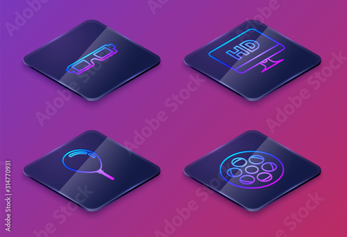 Set Isometric line 3D cinema glasses , Balloon with ribbon , Computer PC monitor with HD video technology and Film reel . Blue square button. Vector