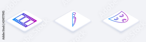 Set Isometric line Play Video , Knife and Drama theatrical mask . White square button. Vector