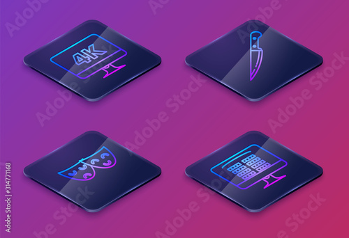 Set Isometric line Computer PC monitor with 4k video technology , Comedy and tragedy theatrical masks , Knife and Buy cinema ticket online . Blue square button. Vector