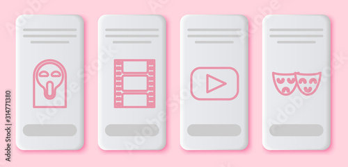 Set line Funny and scary ghost mask, Play Video , Play and Comedy and tragedy theatrical masks . White rectangle button. Vector