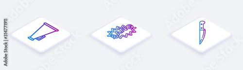 Set Isometric line Megaphone , Bang boom text speech bubble balloon and Knife . White square button. Vector