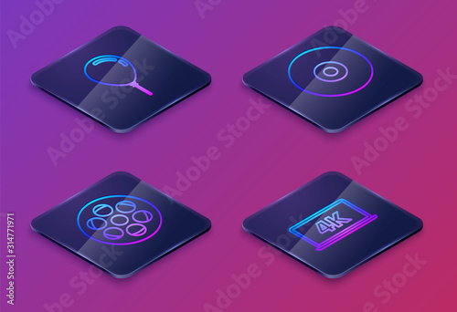 Set Isometric line Balloon with ribbon , Film reel , CD or DVD disk and Laptop screen with 4k video technology . Blue square button. Vector