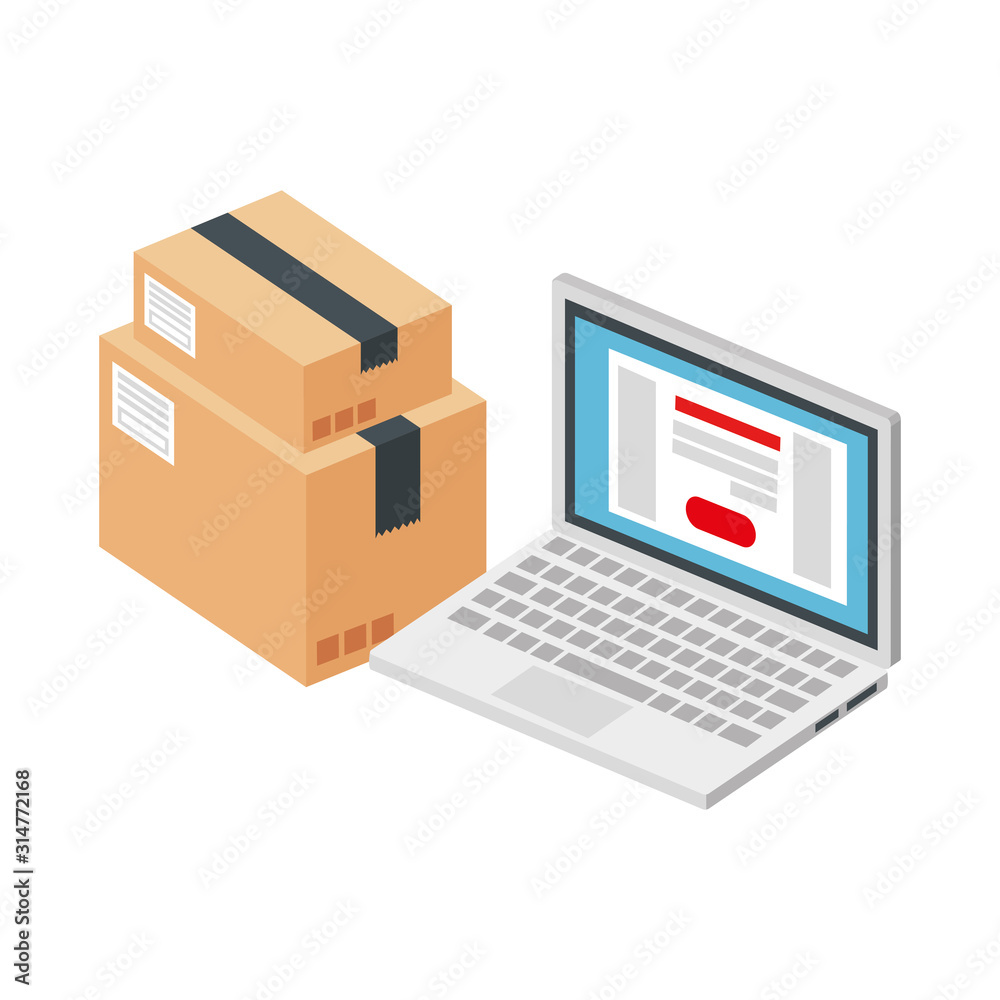 laptop computer with boxes package isolated icon laptop computer with boxes package isolated icon