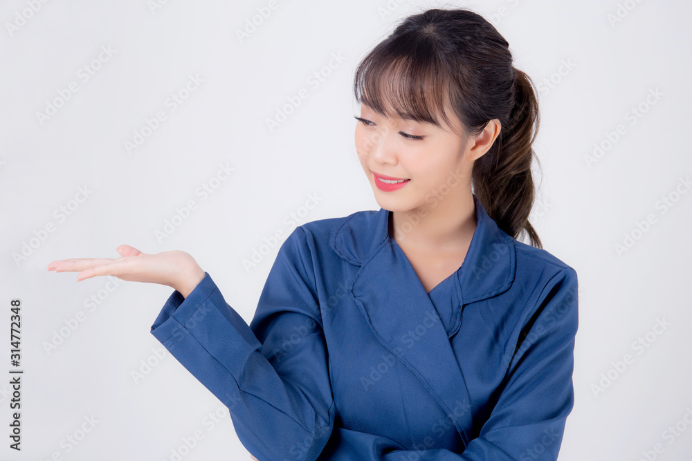Beautiful portrait young asian business woman presenting and showing with confident isolated on white background, asia secretary or adviser businesswoman hand palm with empty for advertising concept. Beautiful portrait young asian business woman presenting and showing with confident isolated on white background, asia secretary or adviser businesswoman hand palm with empty for advertising concept.
