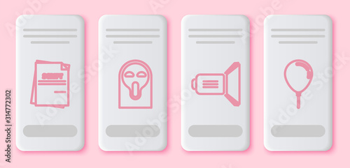 Set line Scenario , Funny and scary ghost mask, Movie spotlight and Balloon with ribbon . White rectangle button. Vector