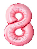 Number 8 eight made of rose gold inflatable balloon isolated on white background. Pink helium balloon eight 8 number. Discount and sale, birthday and education concept