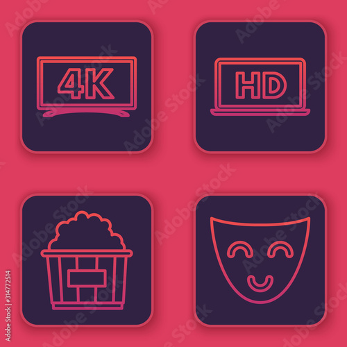 Set line Screen tv with 4k Ultra HD video technology , Popcorn in cardboard box , Laptop screen with HD video technology and Comedy theatrical mask . Blue square button. Vector