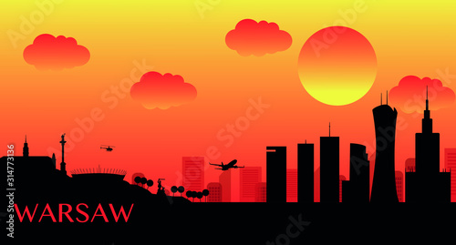 Panorama of Warsaw on a dark background during sunset. Vector illustration depicting the Palace of Culture, stadium, royal castle and skyscrapers in Warsaw. Vector illustration.