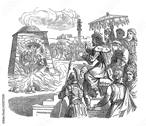 Vintage drawing or engraving of biblical story of three Jews set in fire in roaring furnace by king Nebuchadnezzar of Babylon, but rescued by angel.Bible, Old Testament,Daniel 3. Biblische Geschichte