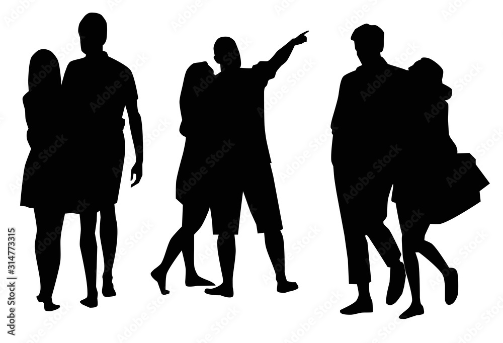 Vector illustration of silhouettes of standing people in love. An isolated image of silhouettes of standing men and women in pairs. St. Valentine's Day.