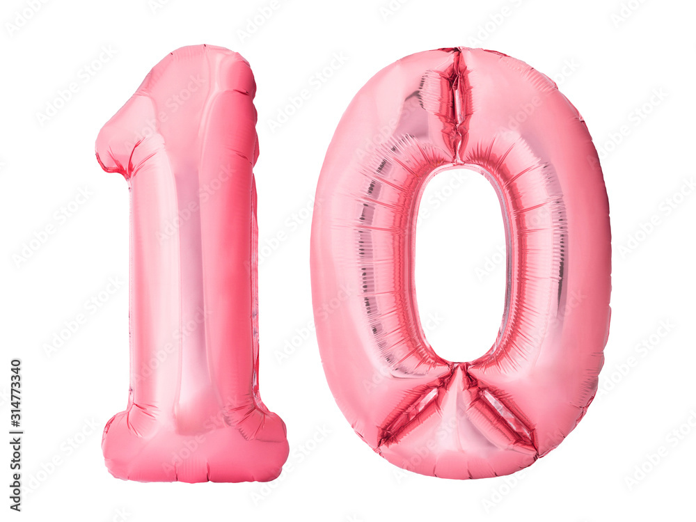 Number 10 ten made of rose gold inflatable balloons isolated on white background. Pink helium balloons forming 10 ten number. Discount and sale or birthday concept Number 10 ten made of rose gold inflatable balloons isolated on white background. Pink helium balloons forming 10 ten number. Discount and sale or birthday concept