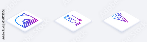 Set Isometric line Brick stove , Blender and Slice of pizza . White square button. Vector
