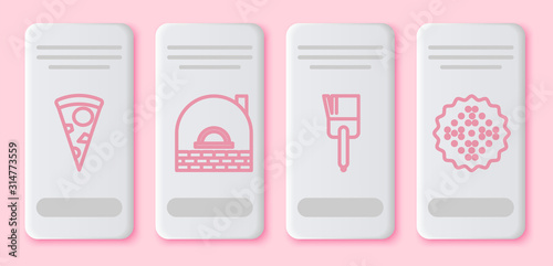 Set line Slice of pizza , Brick stove , Kitchen brush and Cracker biscuit . White rectangle button. Vector