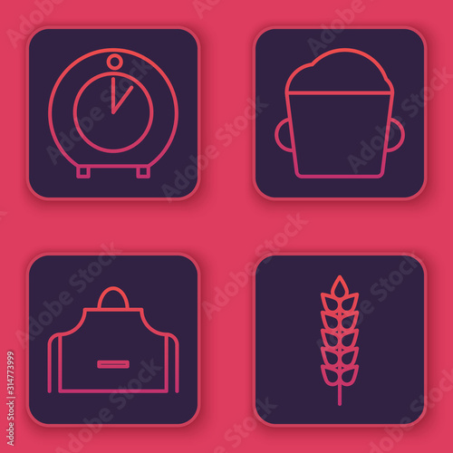 Set line Kitchen timer , Kitchen apron , Bakery bowl dough and Cereals with rice, wheat, corn, oats, rye. Blue square button. Vector