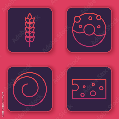 Set line Cereals with rice, wheat, corn, oats, rye, Roll bun with cinnamon , Donut with sweet glaze and Cheese . Blue square button. Vector