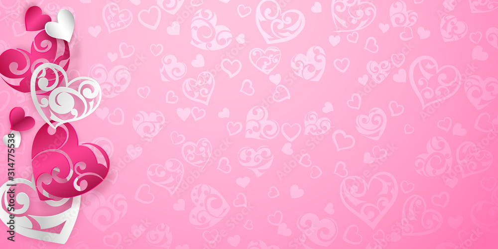 Valentine's day card with red and white hearts with curls and shadows on pink background