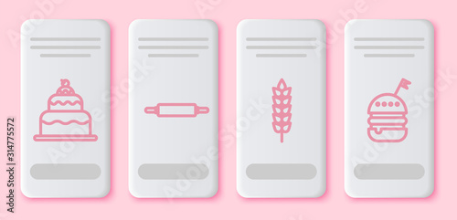 Set line Cake , Rolling pin , Cereals with rice, wheat, corn, oats, rye and Burger . White rectangle button. Vector