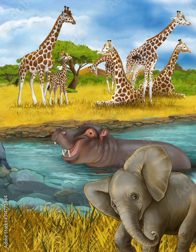cartoon scene with hippopotamus hippo in the river and elephant illustration for children