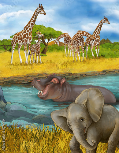 cartoon scene with hippopotamus hippo in the river and elephant illustration for children