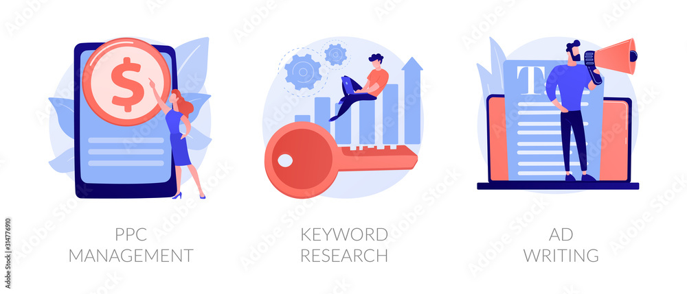 Content marketing and SEO copywriting flat icons set. Internet advertising and blogging. PPC management, Keyword research, Ad writing metaphors. Vector isolated concept metaphor illustrations