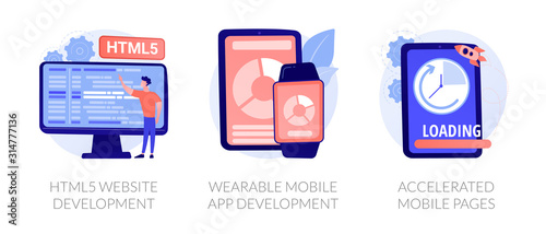 Web programming language, smart tech, app optimization. HTML5 website development, wearable mobile app development, accelerated mobile pages metaphors. Vector isolated concept metaphor illustrations