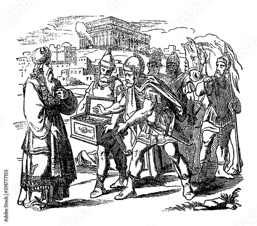 Vintage drawing or engraving of biblical story of Judas Maccabeus giving silver to priest in Jerusalem. Temple is restored.Bible, Old Testament,1 Maccabees 4. Biblische Geschichte , Germany 1859.