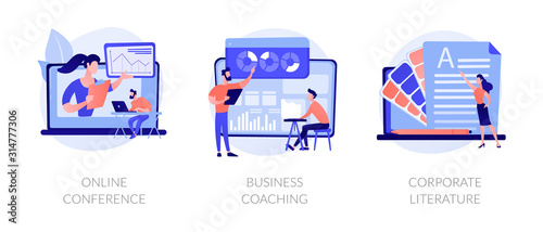 Company workers training icons set. Webinar, presentation. Data analytics course. Online conference, business coaching, corporate literature metaphors. Vector isolated concept metaphor illustrations