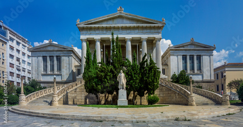 Athens, Attica / Greece. The National Library of Greece. It is a neo-classical building situated at the center of Athens city. Sunny day with blue cloudy sky