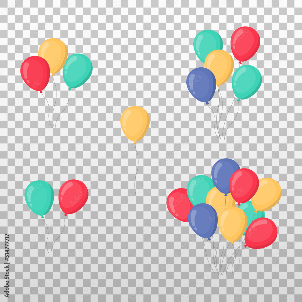Set objects with random number balloons on transparent background. Different colors. Vector illustration.