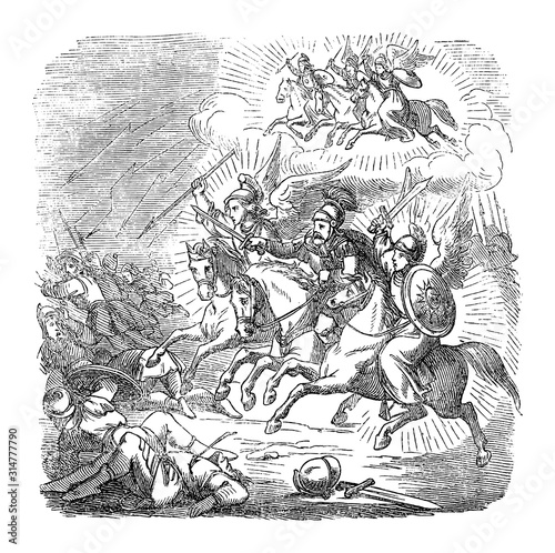 Vintage drawing or engraving of biblical story of Judas Maccabeus beating the army of Syrian kingdom. Warrior with angels is attacking enemies.Bible, Old Testament,1 Maccabees 3. Biblische Geschichte