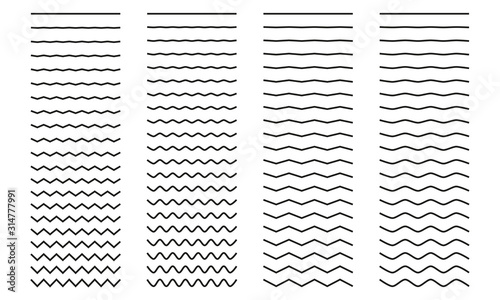 Set of wavy curved and zig zag criss cross horizontal lines on white background. Vector illustration.