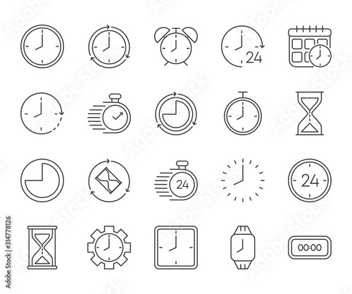 Simple big set of time related vector gray line icons. Contains such Icons as timer, speed, alarm, restore, time management, calendar and more. Vector illustration.