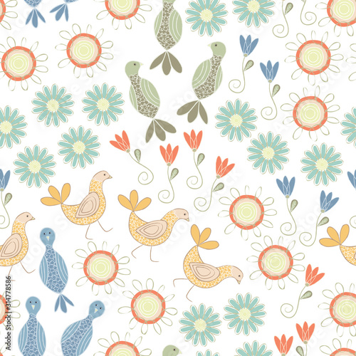 Vector Blue Orange Yellow and Green Birds and Flowers on White Background Seamless Repeat Pattern. Background for textile, book covers, manufacturing, wallpapers, print, gift wrap and scrapbooking.