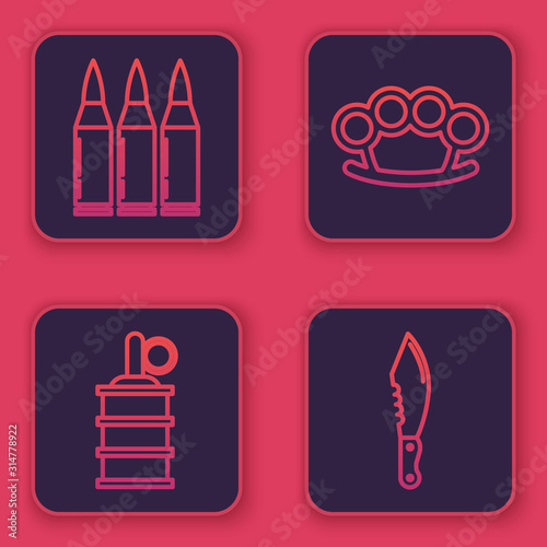 Set line Bullet , Hand grenade , Brass knuckles and Military knife . Blue square button. Vector