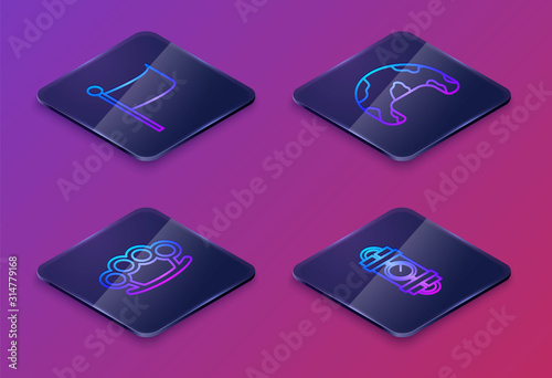 Set Isometric line Flag , Brass knuckles , Military helmet and Detonate dynamite bomb stick and timer clock. Blue square button. Vector