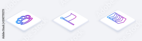 Set Isometric line Brass knuckles , Flag and Military rank . White square button. Vector