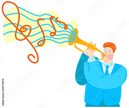 Vector flat illustration trumpeter playing trumpet. Abstract cloud with notes emerges from musical instrument. Concept jazz music. Can be used in posters, postcards, web design, for text, etc.