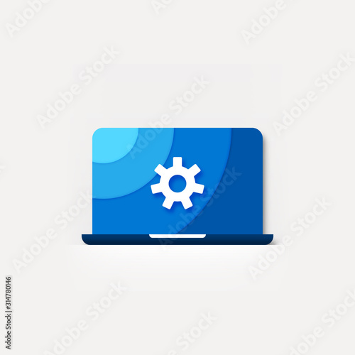Laptop settings blue colored material design vector icon / settings menu / shop product thumbnail