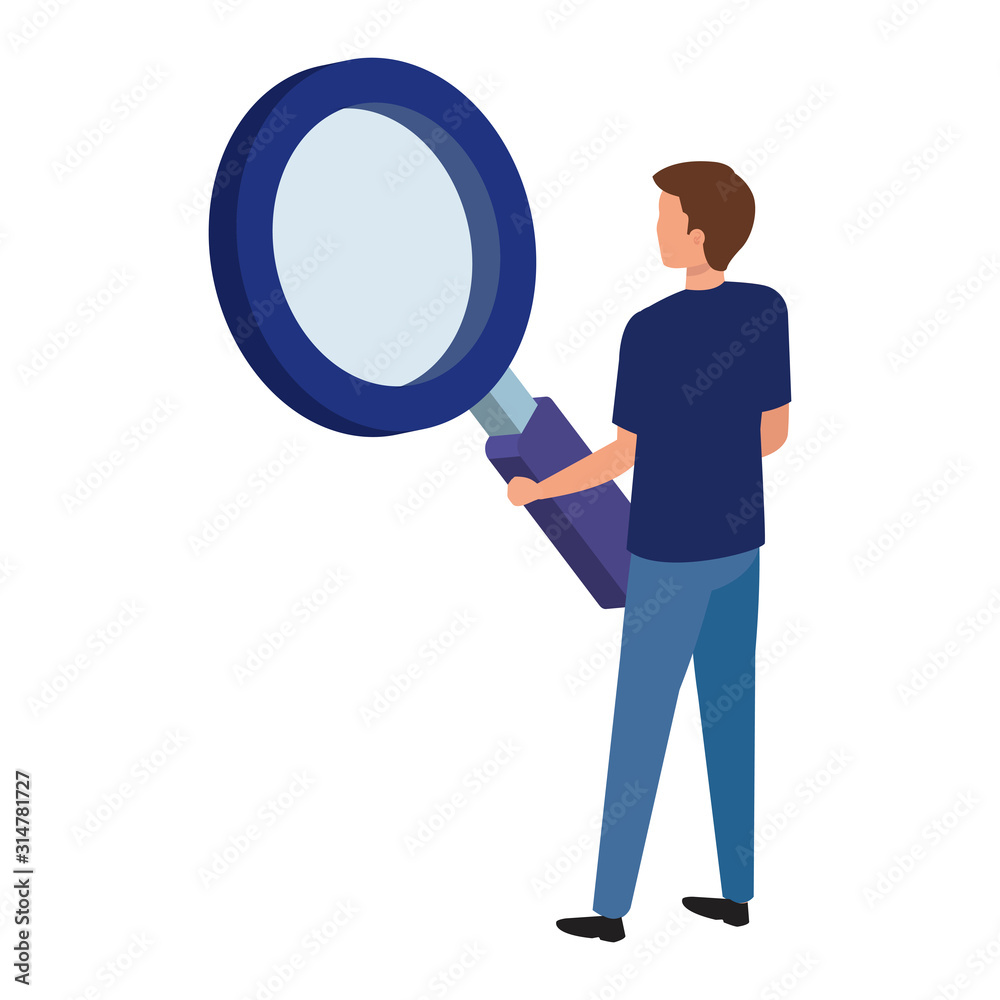 back young man with magnifying glass isolated icon back young man with magnifying glass isolated icon