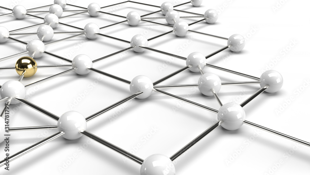 The Abstract design connection design gold and white sphere network structure 3d rendering. The Abstract design connection design gold and white sphere network structure 3d rendering.