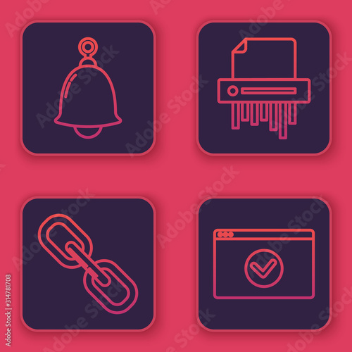 Set line Ringing bell , Chain link , Paper shredder confidential and Secure your site with HTTPS, SSL. Blue square button. Vector