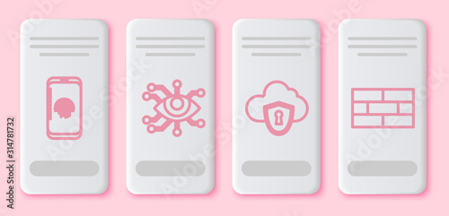 Set line Smartphone with fingerprint scanner , Eye scan , Cloud and shield and Bricks . White rectangle button. Vector